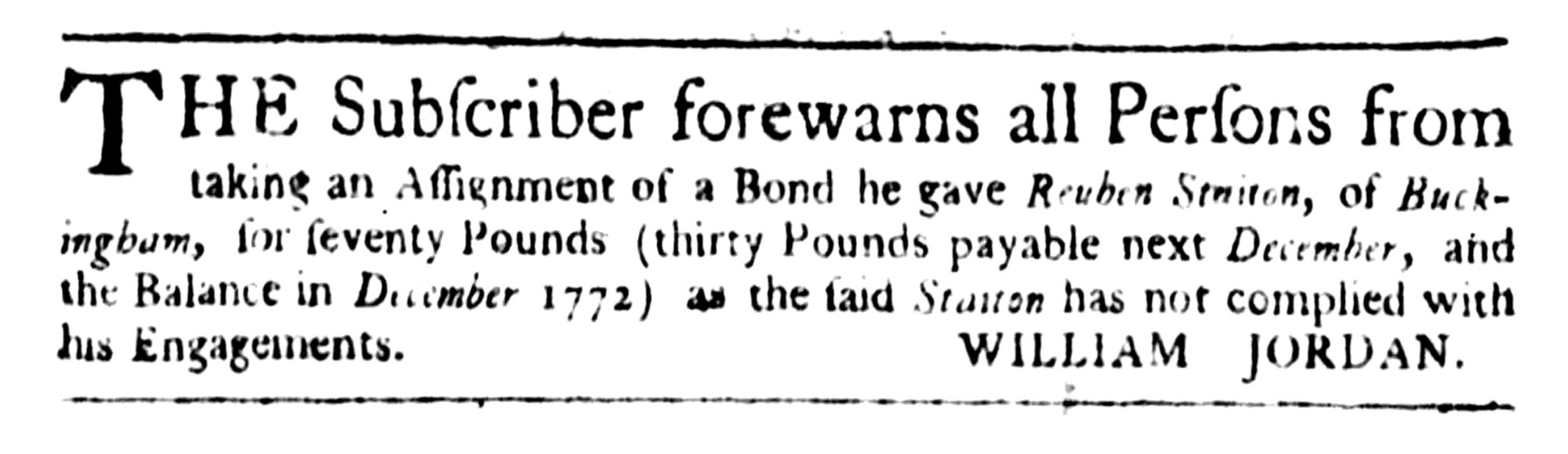 1771-08-01 William Jordan, The Virginia Gazette (Williamsburg, VA) Thu Aug 1, 1771, p3