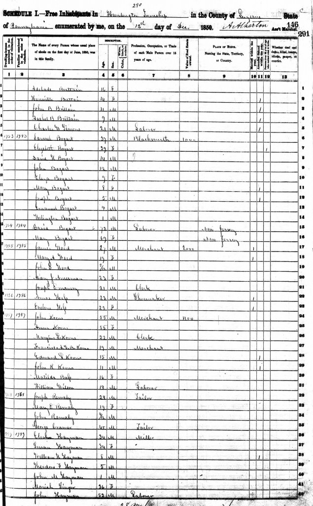 1850 US Census, PA, Luzerne, Huntingdon for David and Mary Bogert