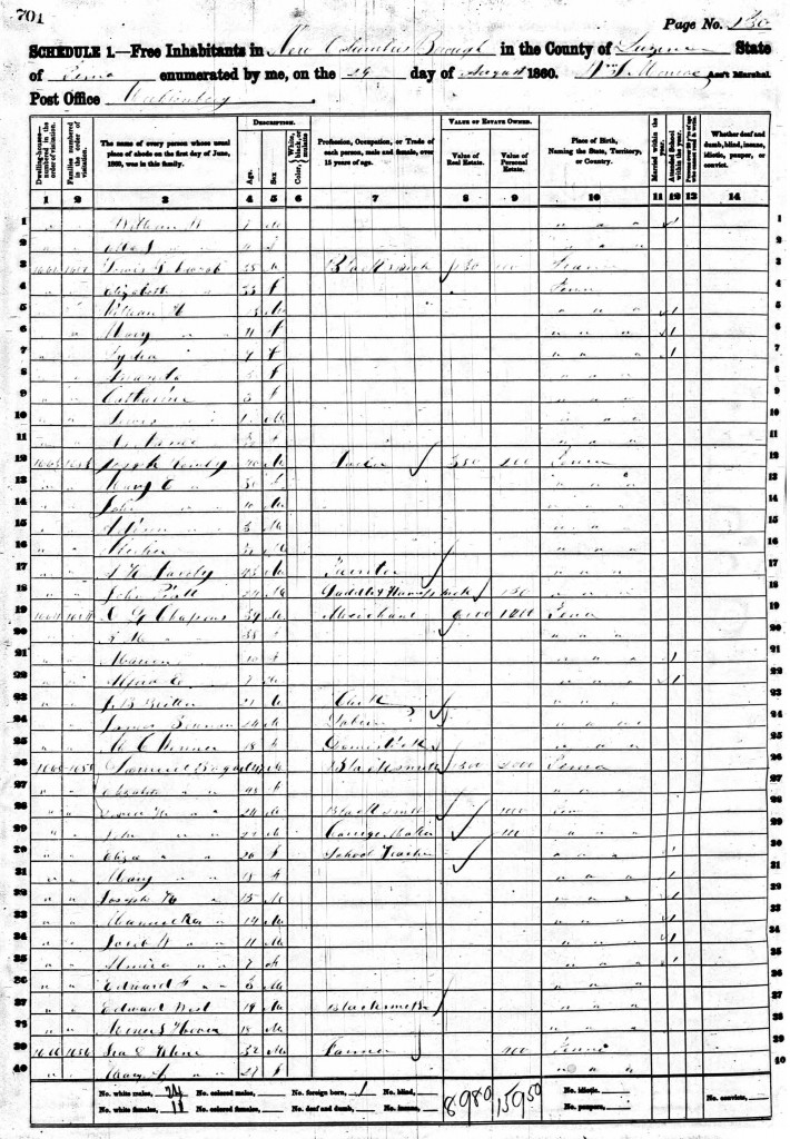 1860 US Census, PA, Luzerne, New Columbus, for Samuel Bogert