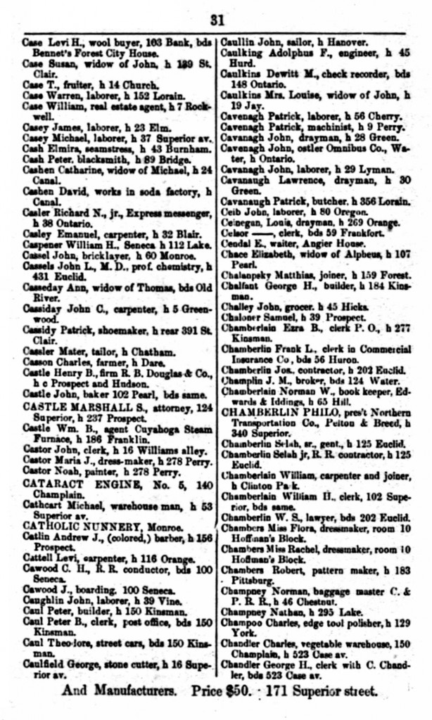 1861 Cleveland, Ohio, City Directory for Cavanagh