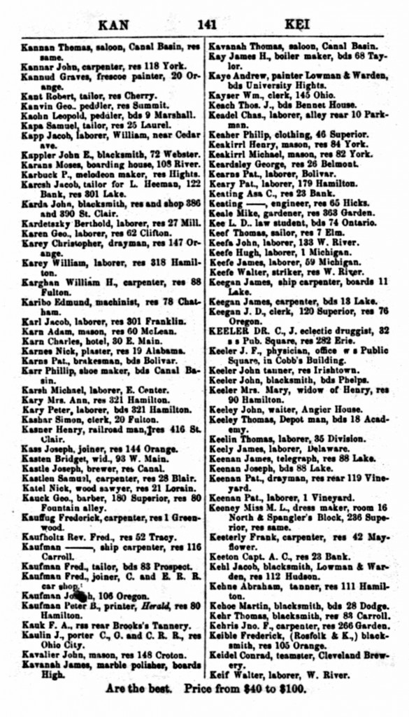 1861 Cleveland, Ohio, City Directory for Kavanagh