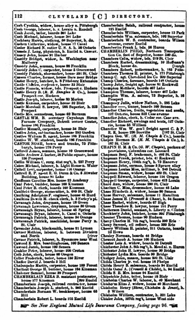 1863 Cleveland, Ohio, City Directory for Cavanaugh