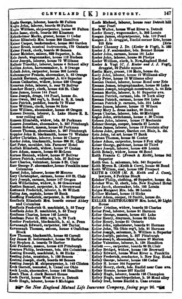 1863 Cleveland, Ohio, City Directory for Kavanaugh