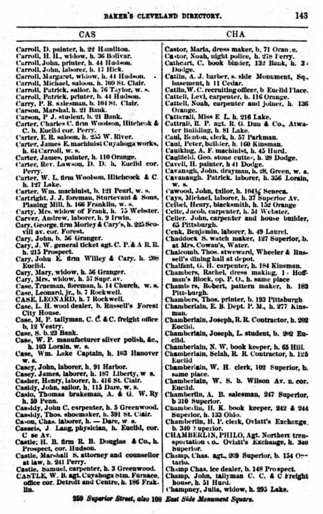 1864 Cleveland, Ohio, City Directory for Cavanaugh