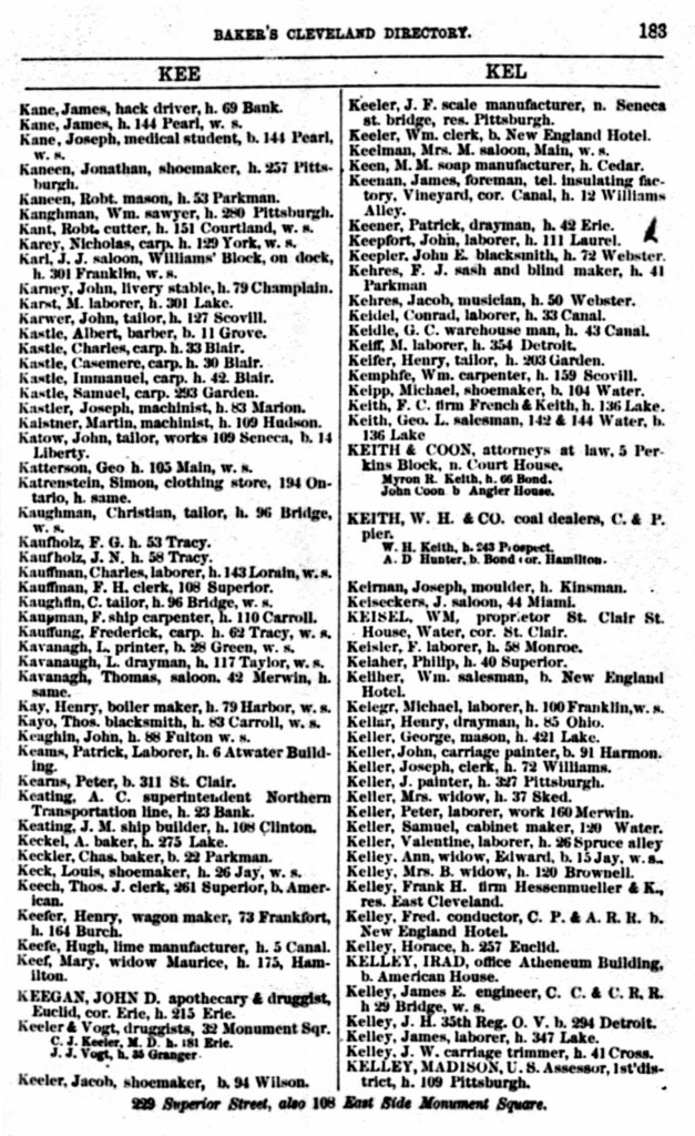 1864 Cleveland, Ohio, City Directory for Kavanaugh