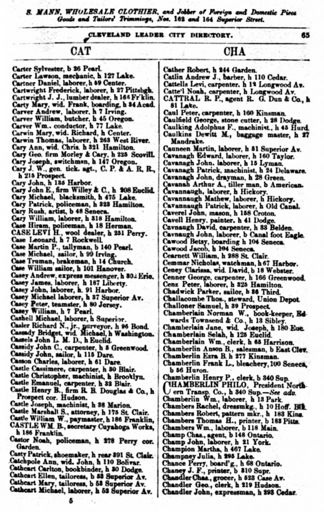 1865 Cleveland, Ohio, City Directory for Cavanagh