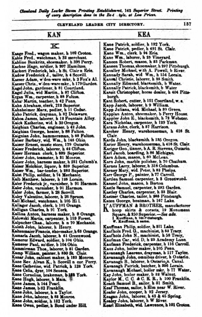 1865 Cleveland, Ohio, City Directory for Kavanagh