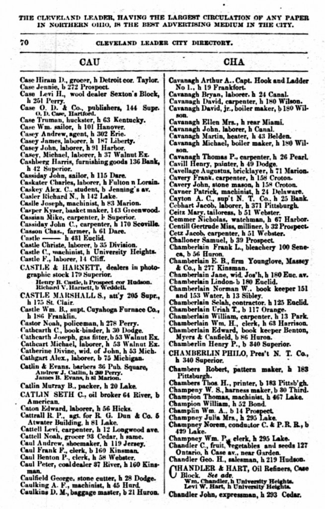 1866 Cleveland, Ohio, City Directory for Cavanagh