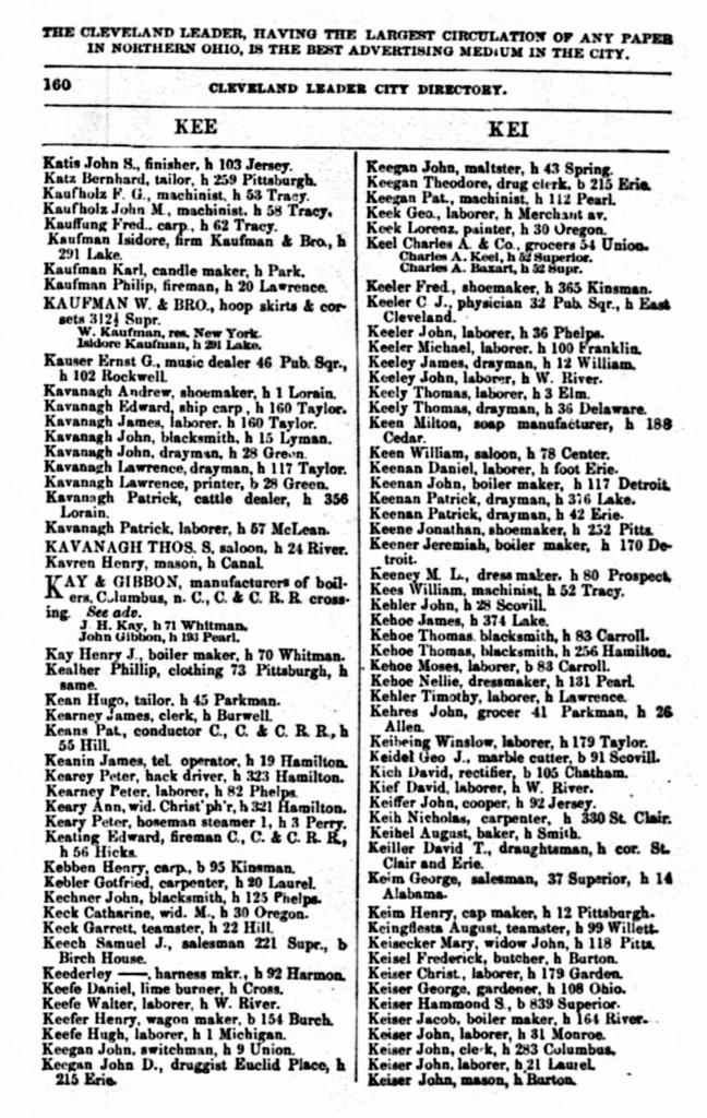 1866 Cleveland, Ohio, City Directory for Kavanagh