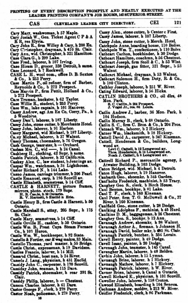 1867 Cleveland, Ohio, City Directory for Cavanagh