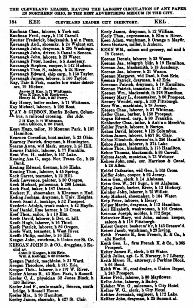 1867 Cleveland, Ohio, City Directory for Kavanagh