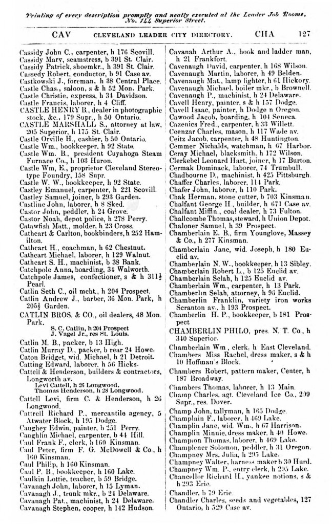 1868 Cleveland, Ohio, City Directory for Cavanagh