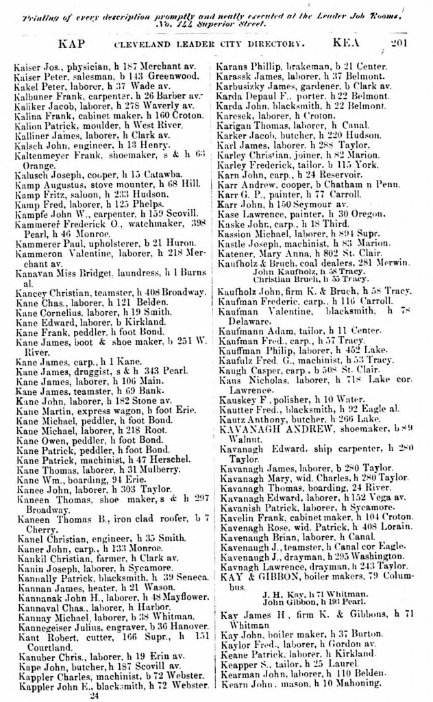 1868 Cleveland, Ohio, City Directory for Kavanagh