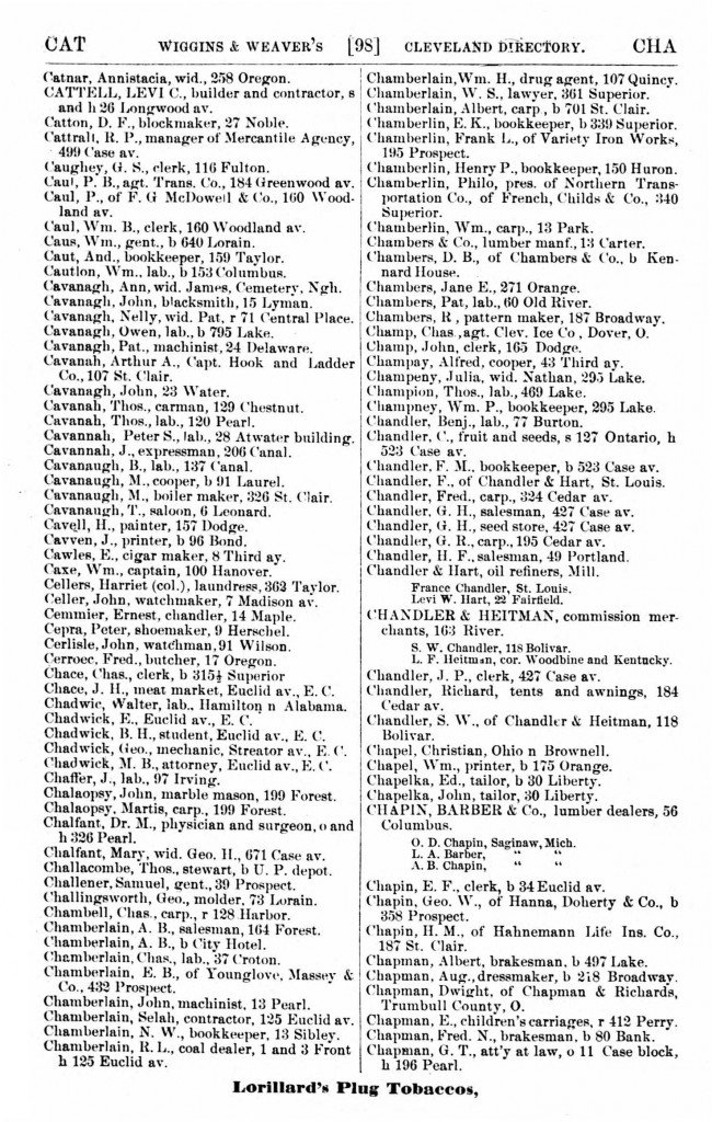 1870 Cleveland, Ohio, City Directory for Cavanagh