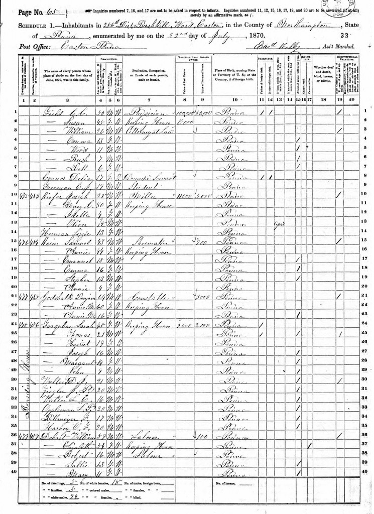 1870 US Census, PA, Northampton, Easton, Bushkill Ward for Sarah Farquhar