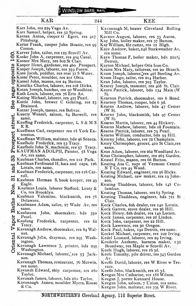 1871 Cleveland, Ohio, City Directory for Kavanaugh