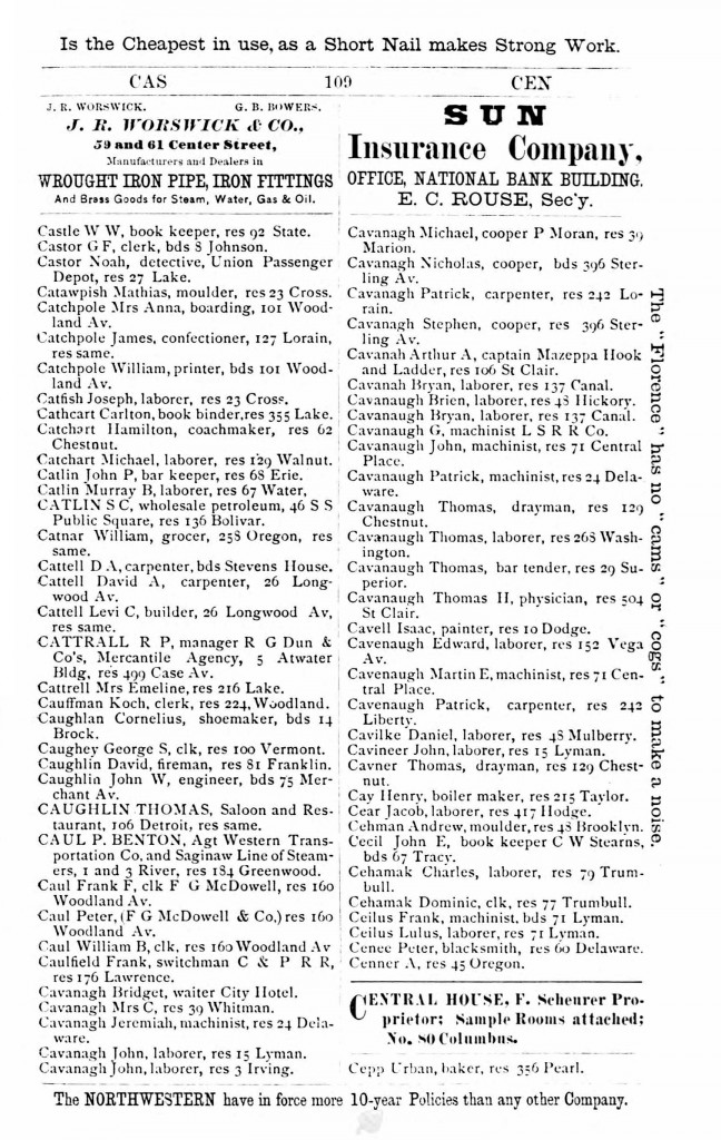 1871 Cleveland, Ohio, City Directory for Cavanaughs