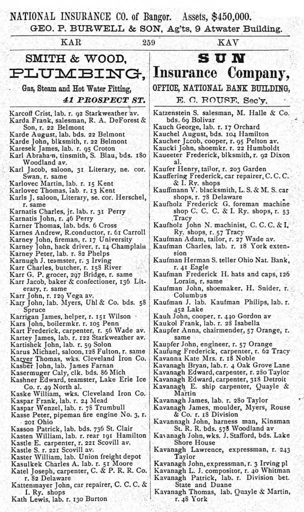 1872 Cleveland, Ohio, City Directory for Kavenaugh, p259