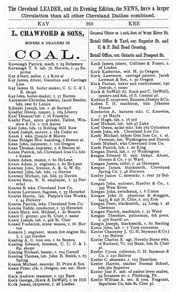 1872 Cleveland, Ohio, City Directory for Kavenaugh, p260