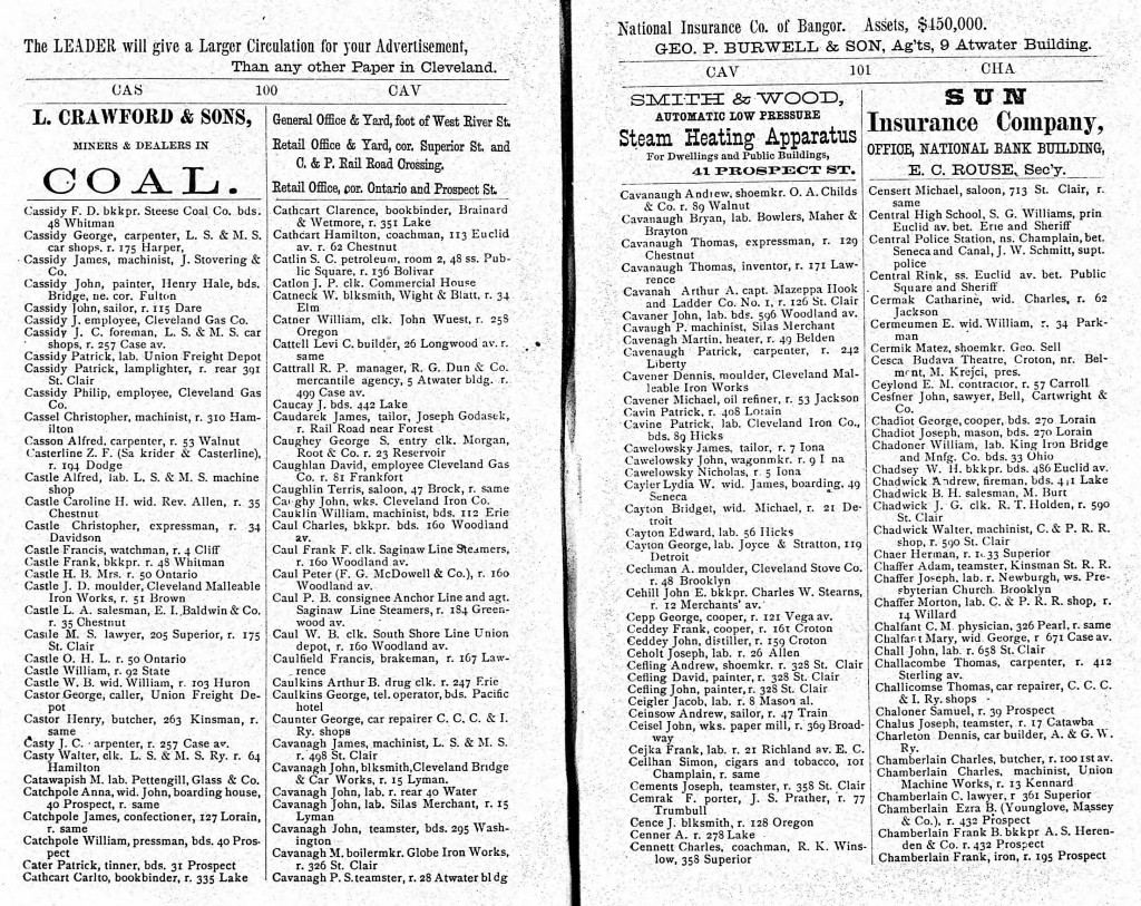 1872 Cleveland, Ohio, City Directory for Patrick Cavenaugh, carpenter, 242 Liberty