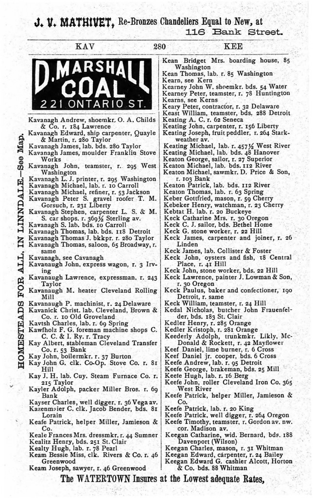 1873 Cleveland, Ohio, City Directory for Kavanagh