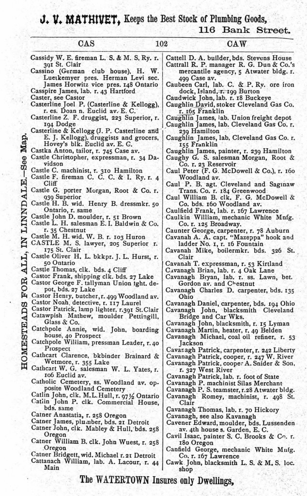 1873 Cleveland, Ohio, City Directory for Patrick Cavanagh, carpenter, 242 Liberty