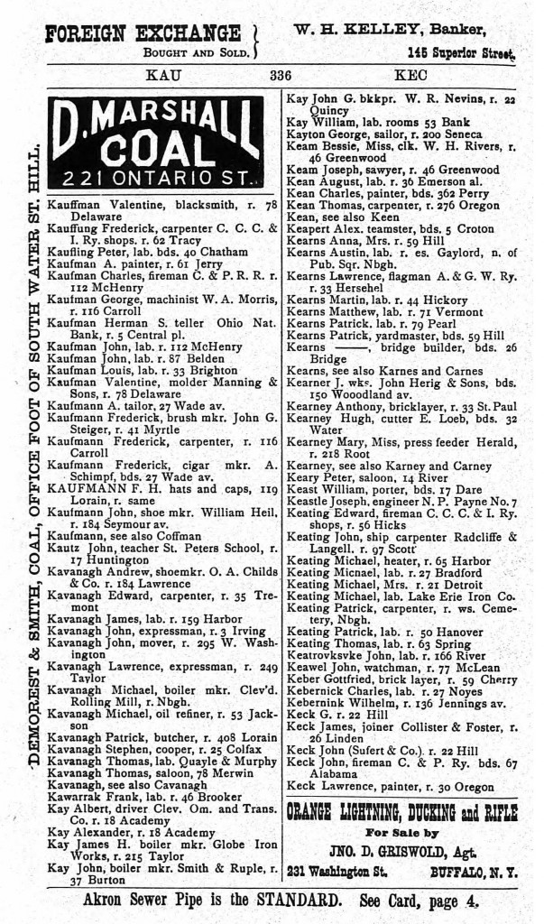 1874 Cleveland, Ohio, City Directory for Kavanagh