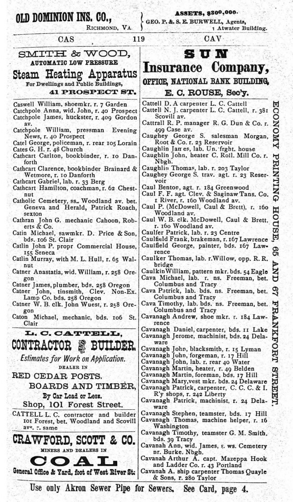 1874 Cleveland, Ohio, City Directory for Cavanaghs