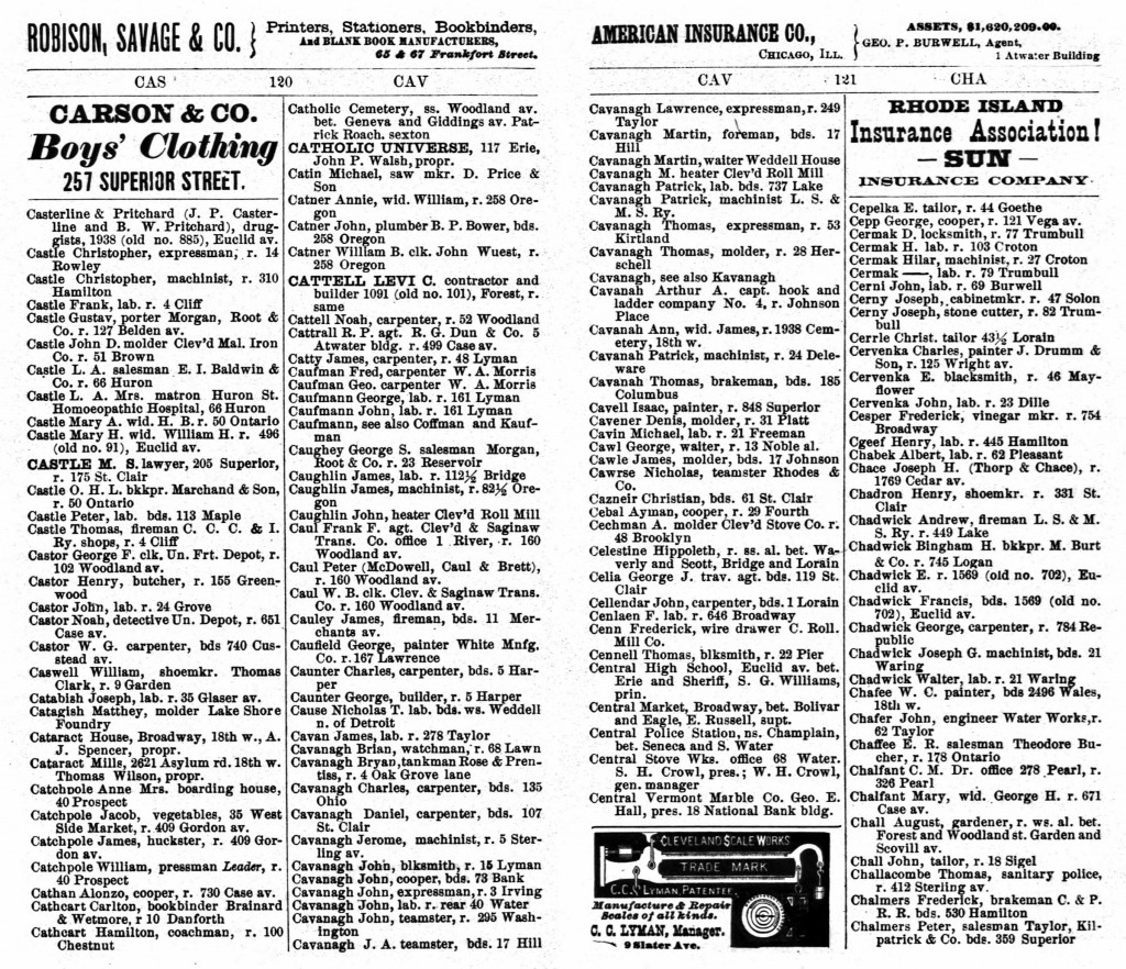 1875 Cleveland, Ohio, City Directory for Cavanagh