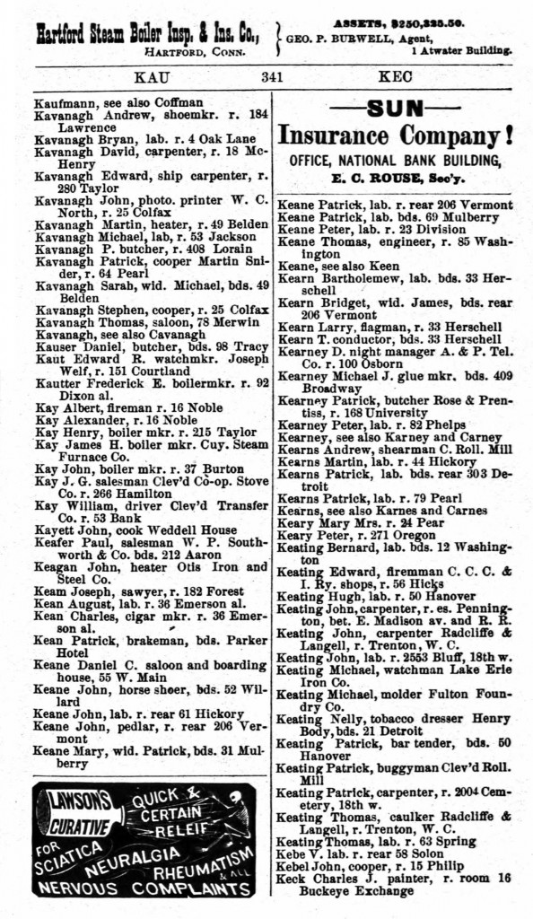 1875 Cleveland, Ohio, City Directory for Kavanagh