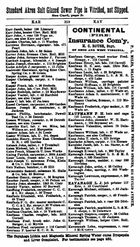 1877 Cleveland, Ohio, City Directory for Kavanagh, p319