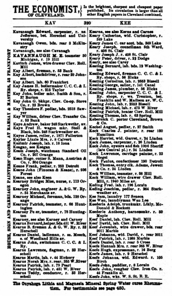 1877 Cleveland, Ohio, City Directory for Kavanagh, p320