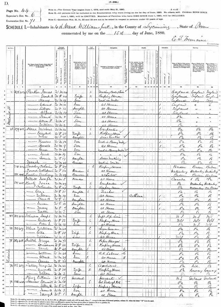 1880 Census Williamsport Lycoming PA - Ellwood Harrar