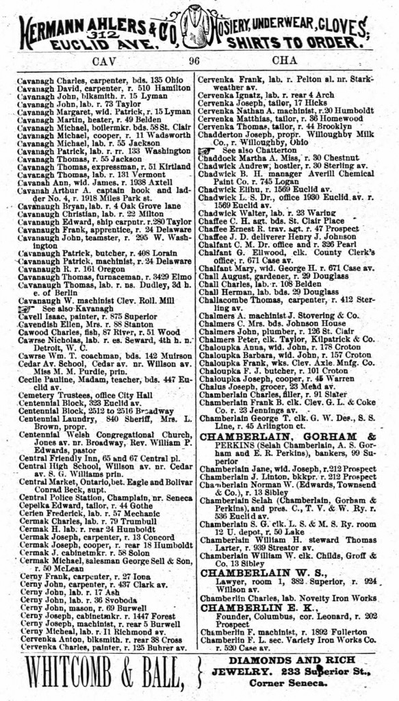 1880 Cleveland, Ohio, City Directory for Cavanagh