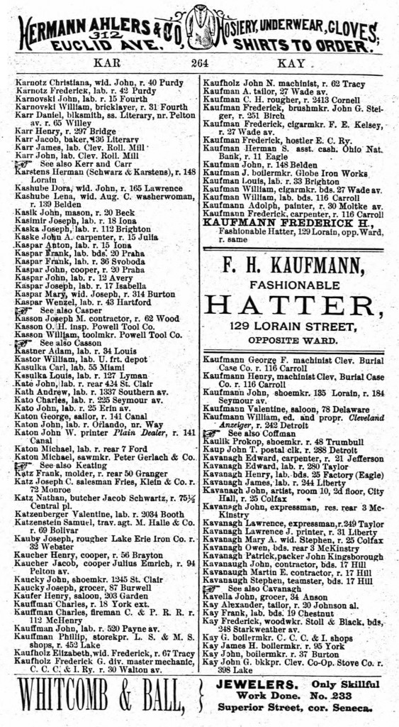 1880 Cleveland, Ohio, City Directory for Kavanagh