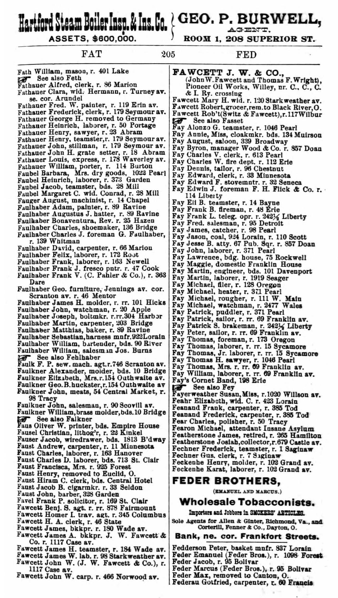 1887 Cleveland, Ohio City Directory for Patrick S Fay, brakeman, 242 and a half Liberty Street