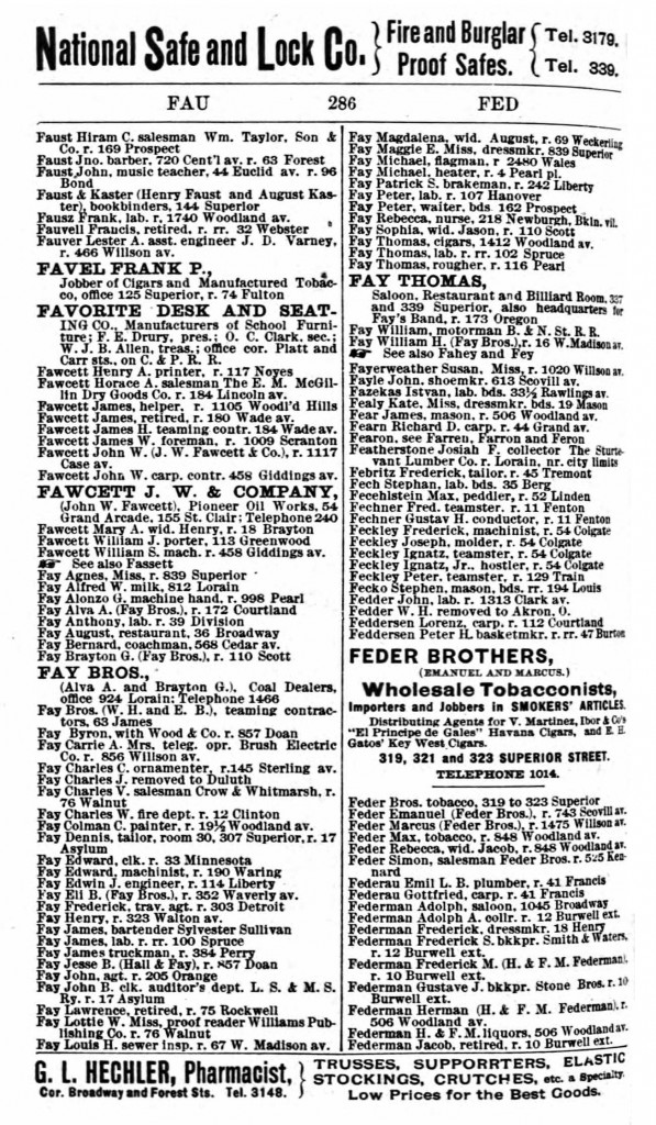 1892 Cleveland, Ohio City Directory for Patrick S Fay, brakeman