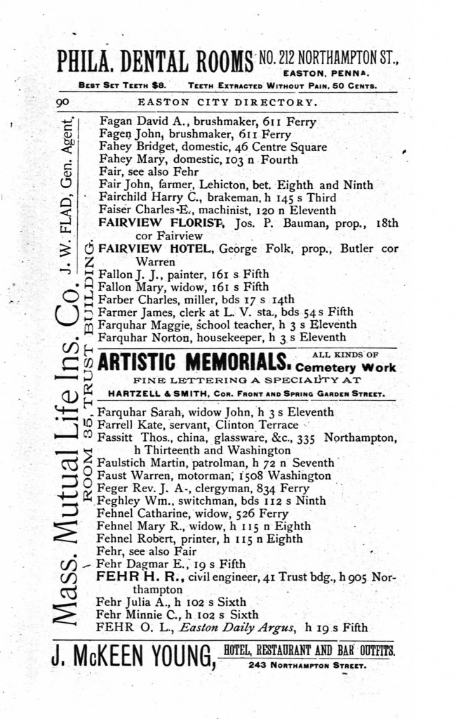 1894 US City Directories, PA, Easton for Sarah Farquhar, Widow of John