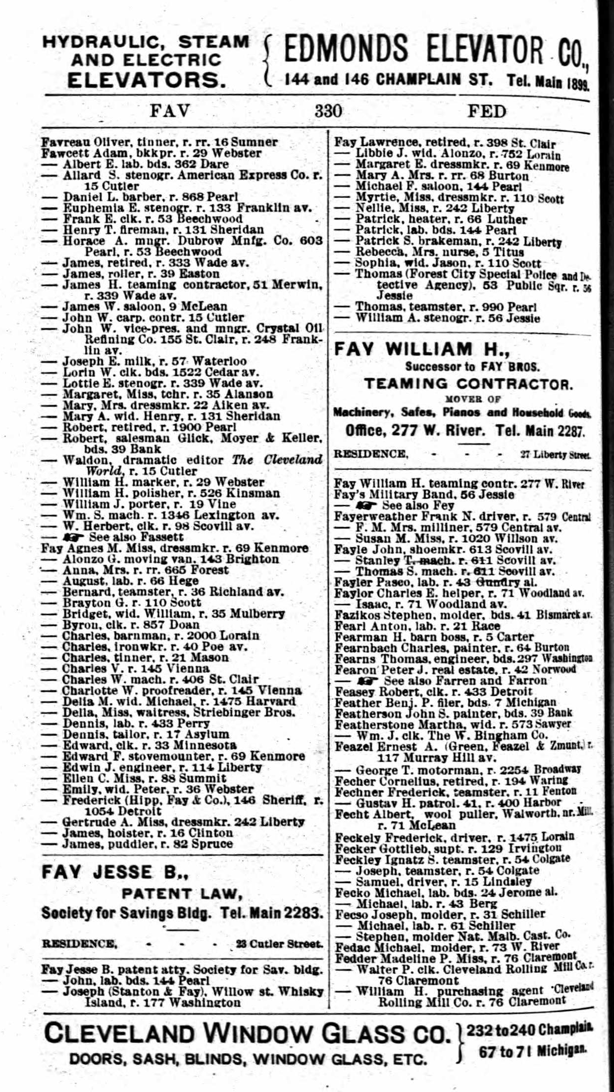 1899 Cleveland, Ohio City Directory for Patrick S Fay, brakeman, 242 Liberty