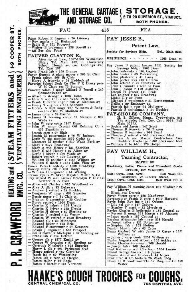 1904 Cleveland, Ohio City Directory for Patrick S Fay, switchman, 34 Buckley