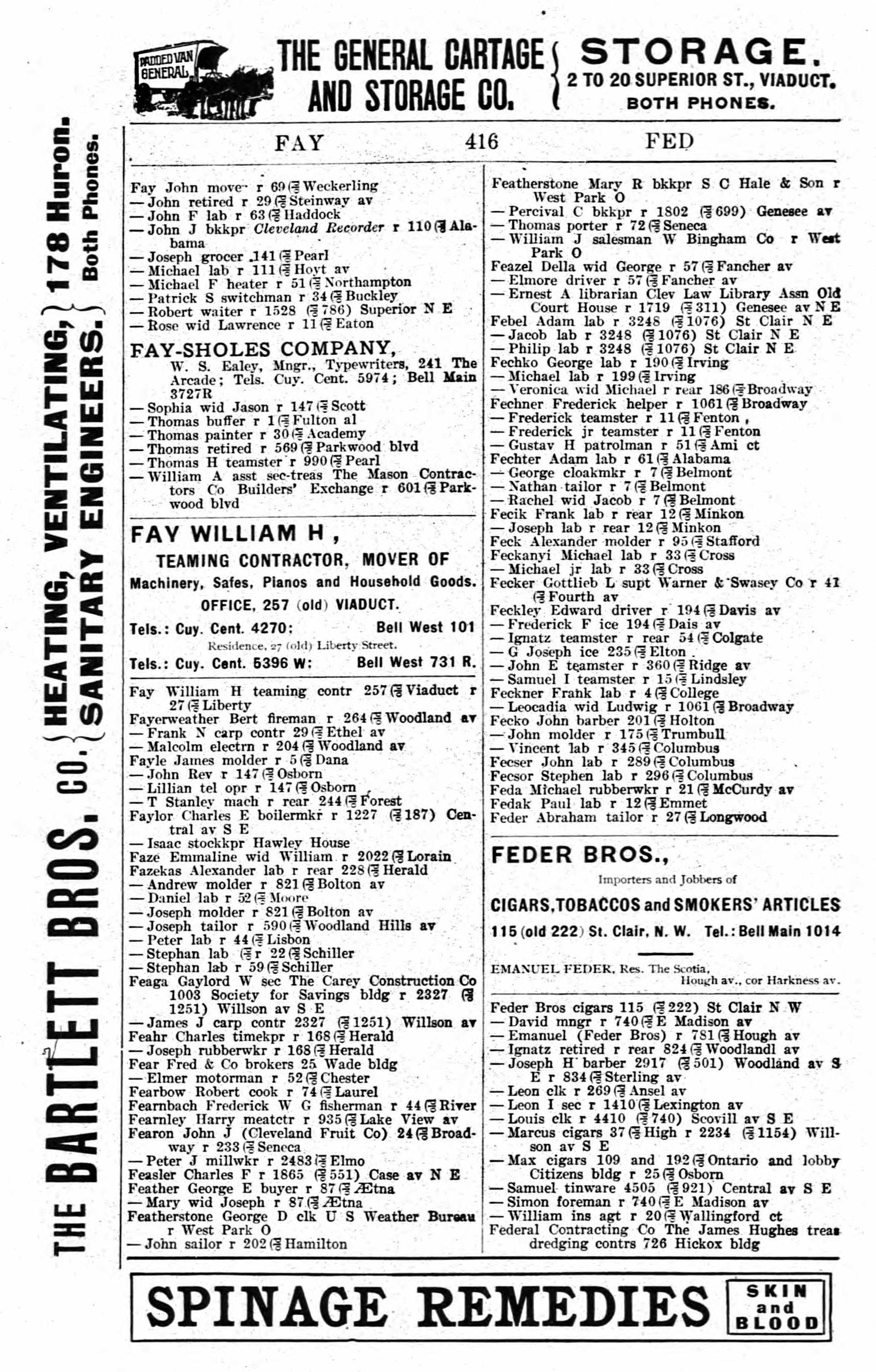 1905 Cleveland, Ohio City Directory for Patrick S Fay, switchman, 34 Buckley