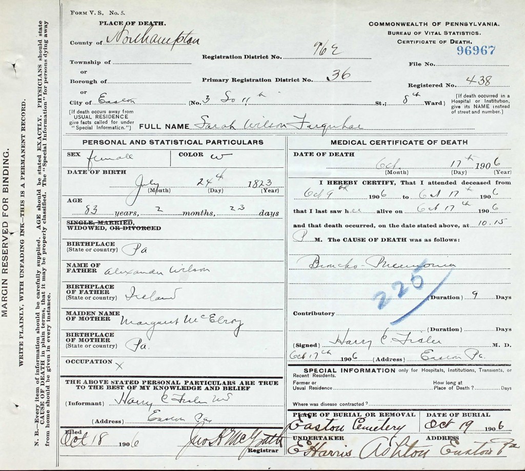 1906-10-17 Death Certificate for Sarah Wilson Farquhar