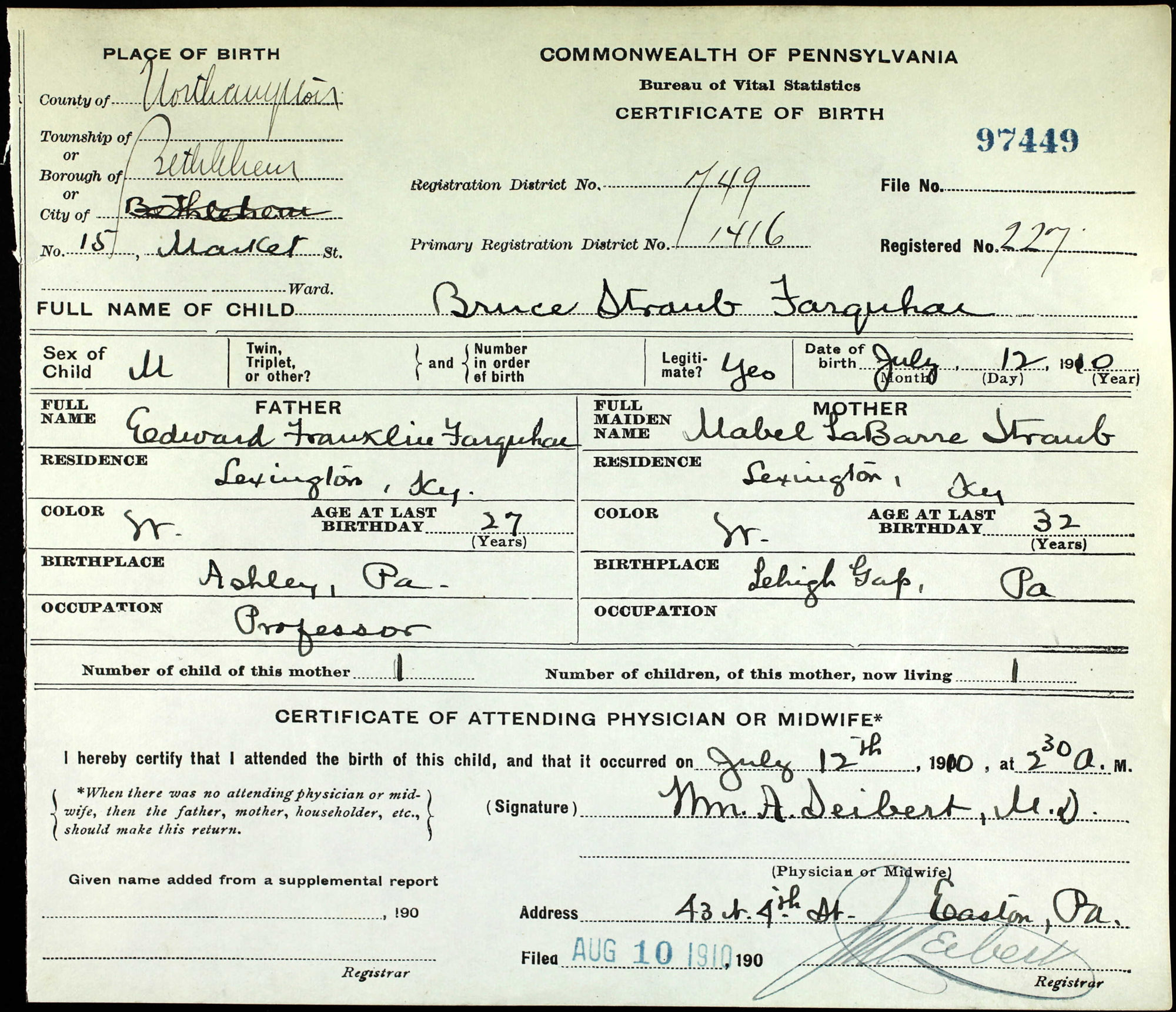 1910 Bruce Farquhar Birth Certificate