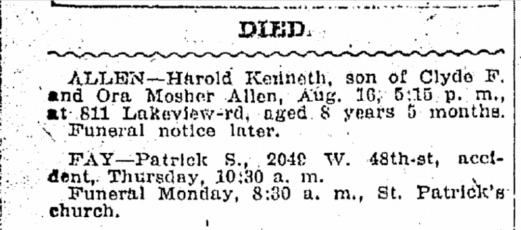 1912-08-17 Saturday, Cleveland Plain Dealer, p10, Death Notice Patrick Fay