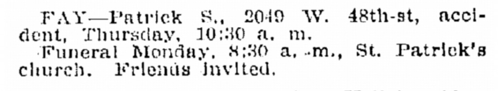 1912-08-18 Sunday, Plain Dealer, Cleveland, Ohio, p1D Death Notice Patrick Fay