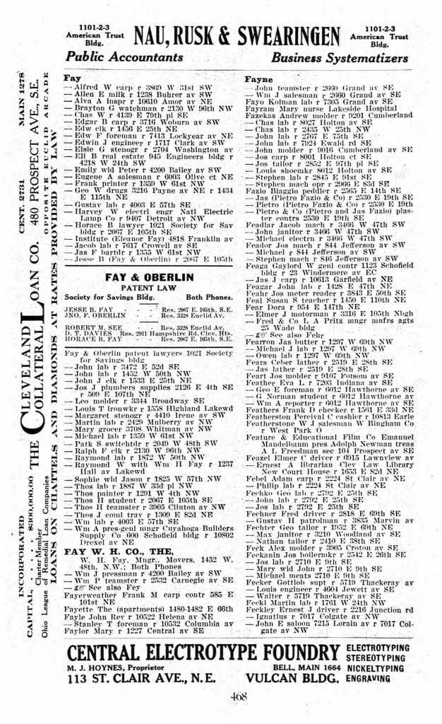 1912 Cleveland, Ohio City Directory for Patrick S. Fay