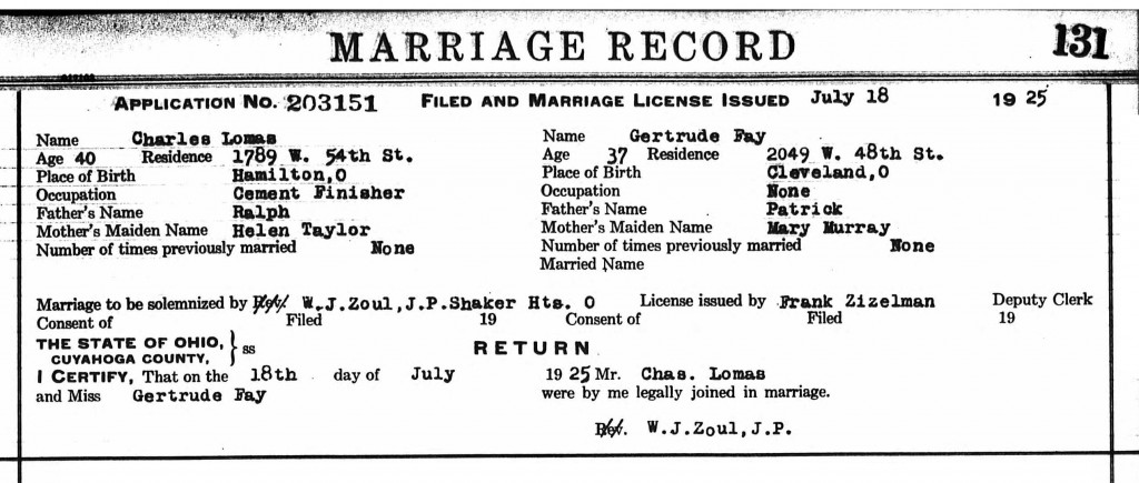 1925-07-18 Marriage License Gertrude Fay and Charles Lomas