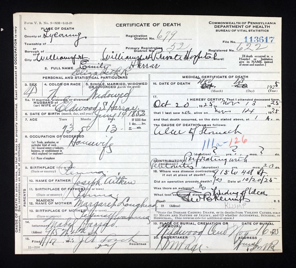 1925-11-13 Death Certificate Elizabeth Harrar