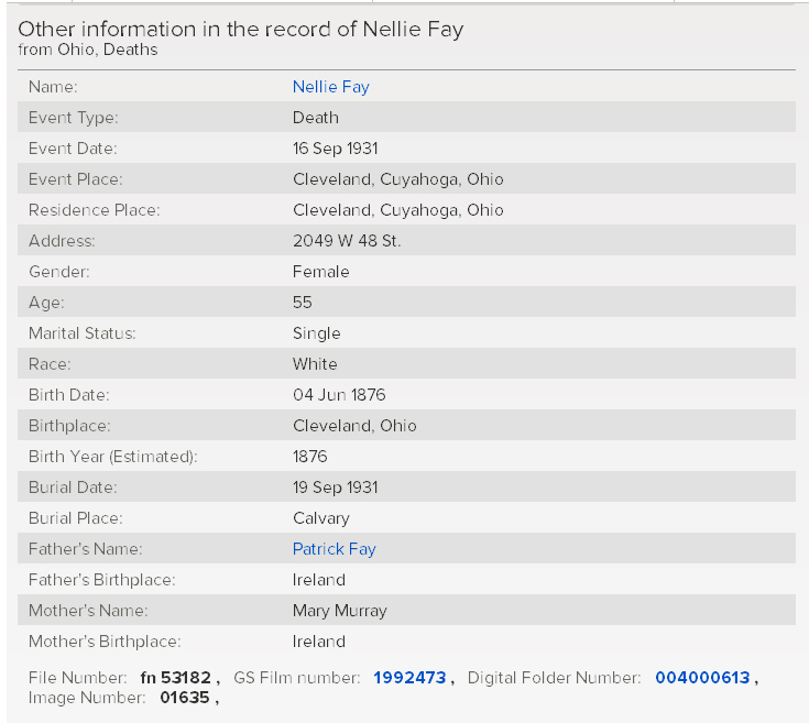 1931-09-16 Nellie Fay Death Record