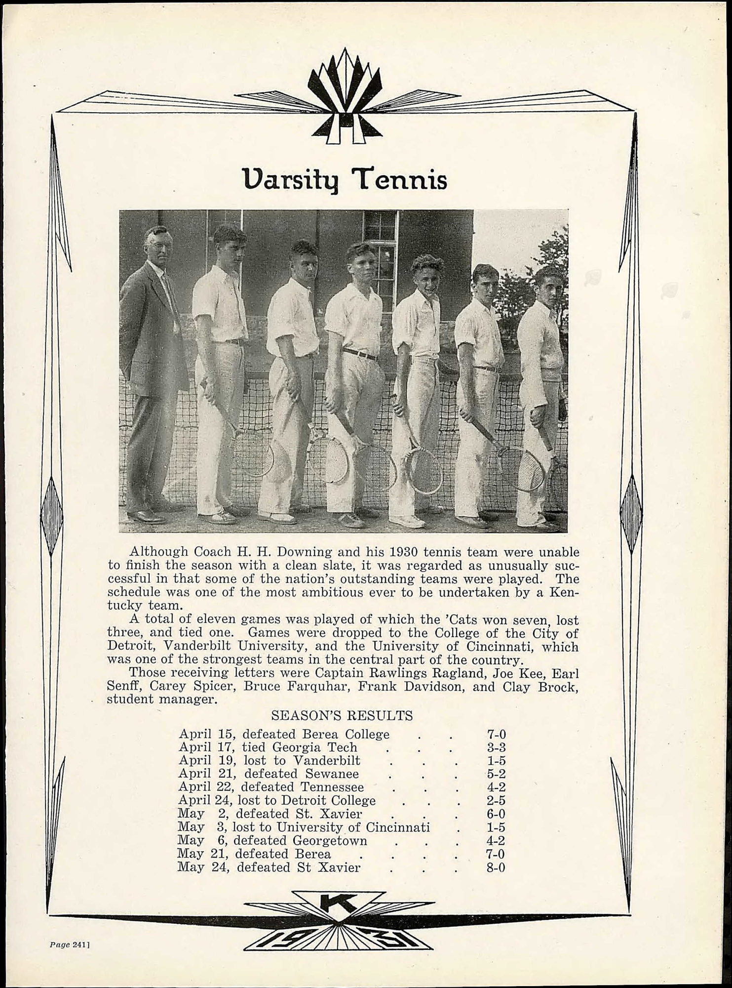 1931 US Yearbook, University of KY, 1930 Tennis Team